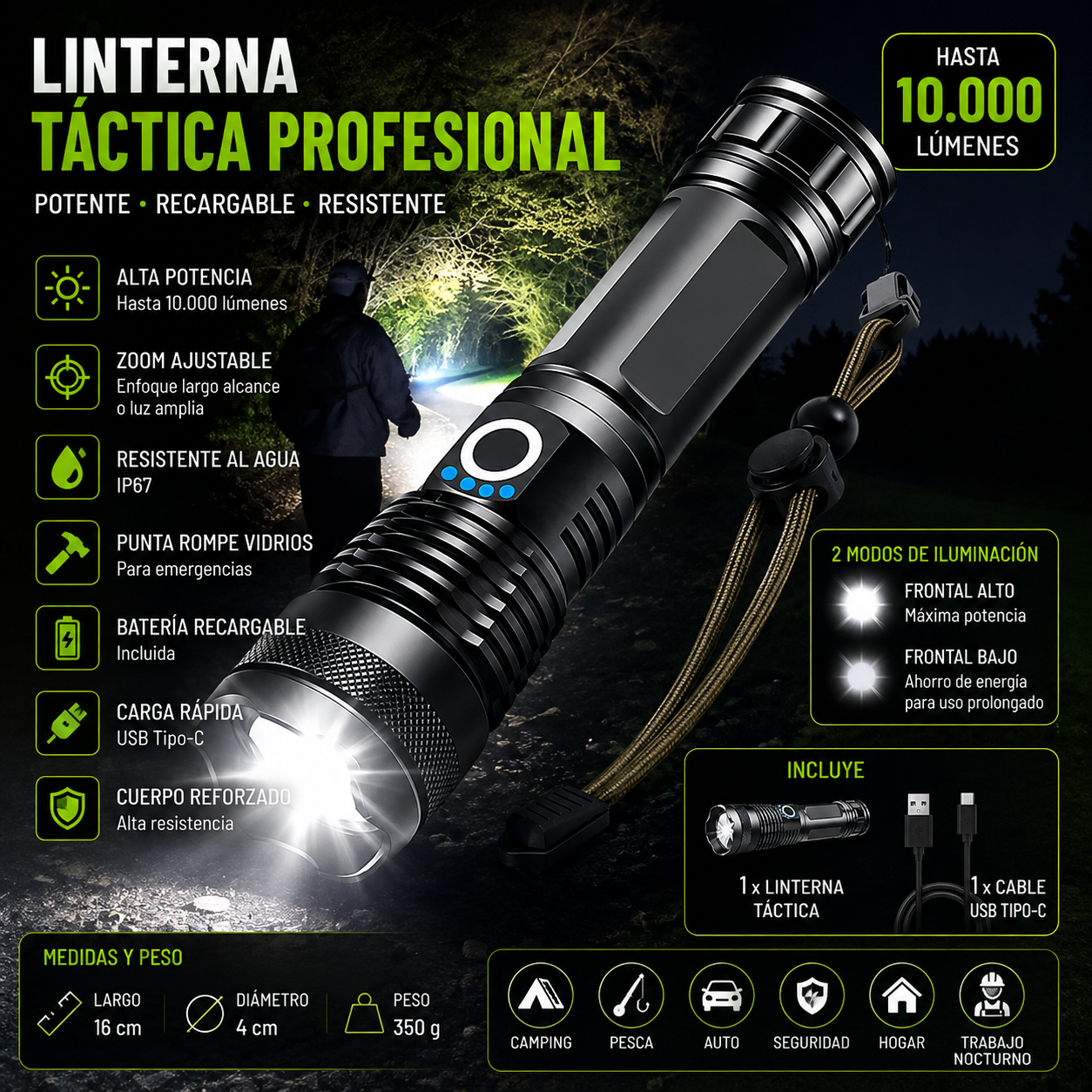 Linterna Potente Recargable con Zomm